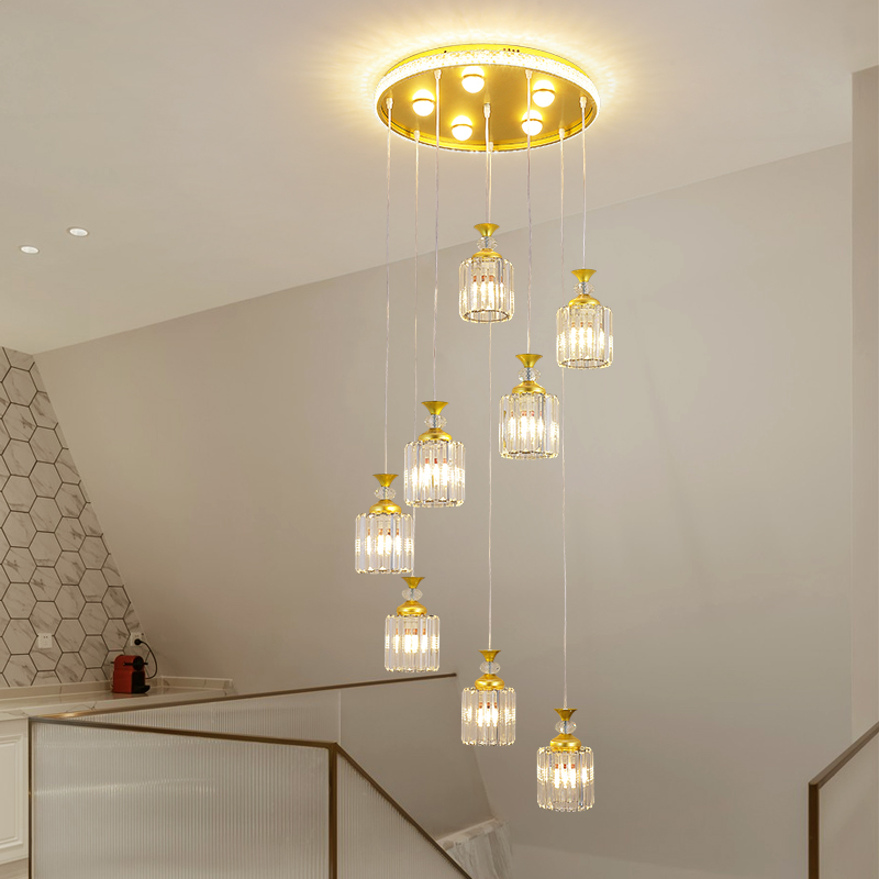 樓梯吊燈複式樓挑空吊燈公寓loft旋轉水晶燈新中式客廳樓梯間