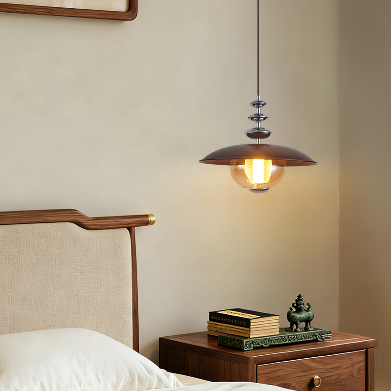 中古風餐廳吊燈包豪斯複古吧台飛碟燈胡桃木色飯廳燈餐桌燈具