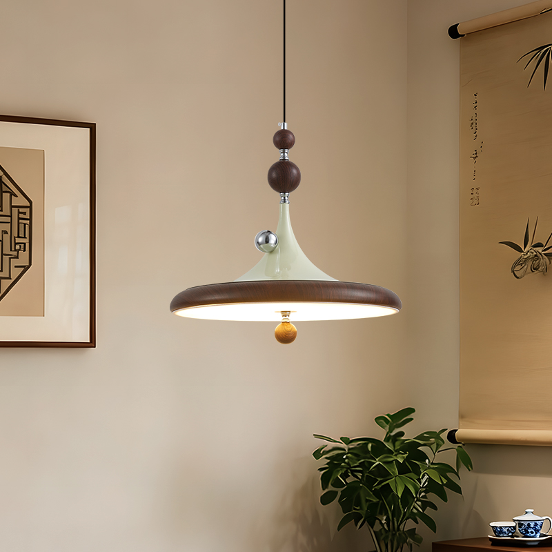 中古風飛碟餐廳吊燈法式複古胡桃木色簡約設計師款全光譜餐桌燈具