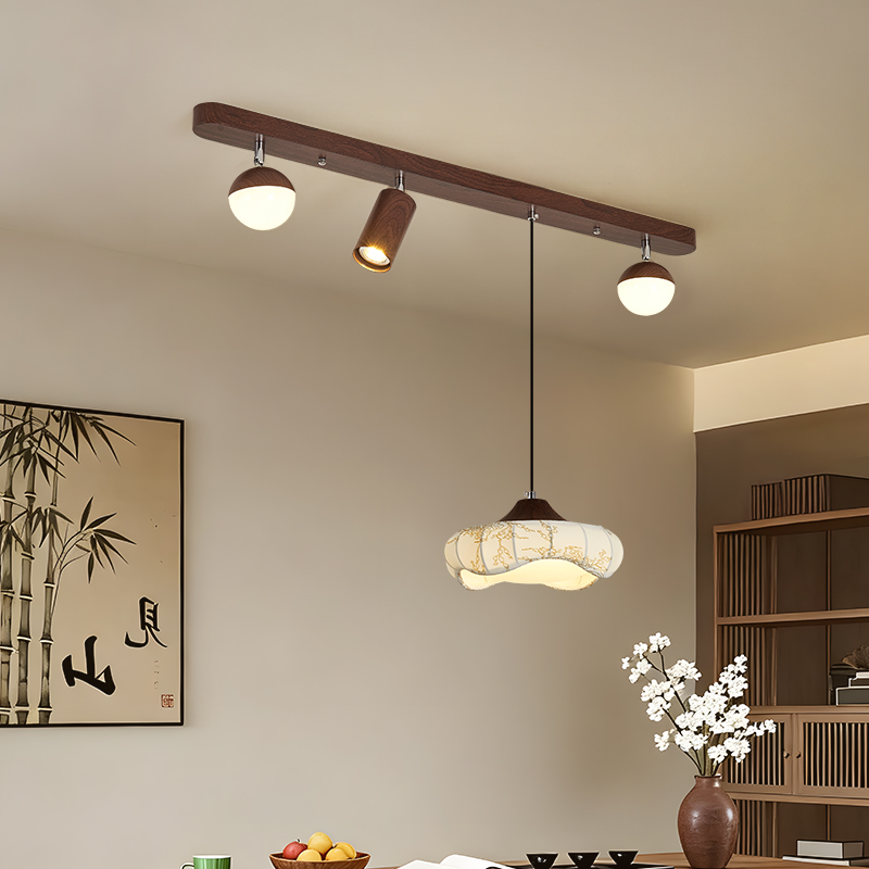 中古風餐廳吊燈複古胡桃木色茶室燈侘寂風長條飯廳餐桌島台吧台燈